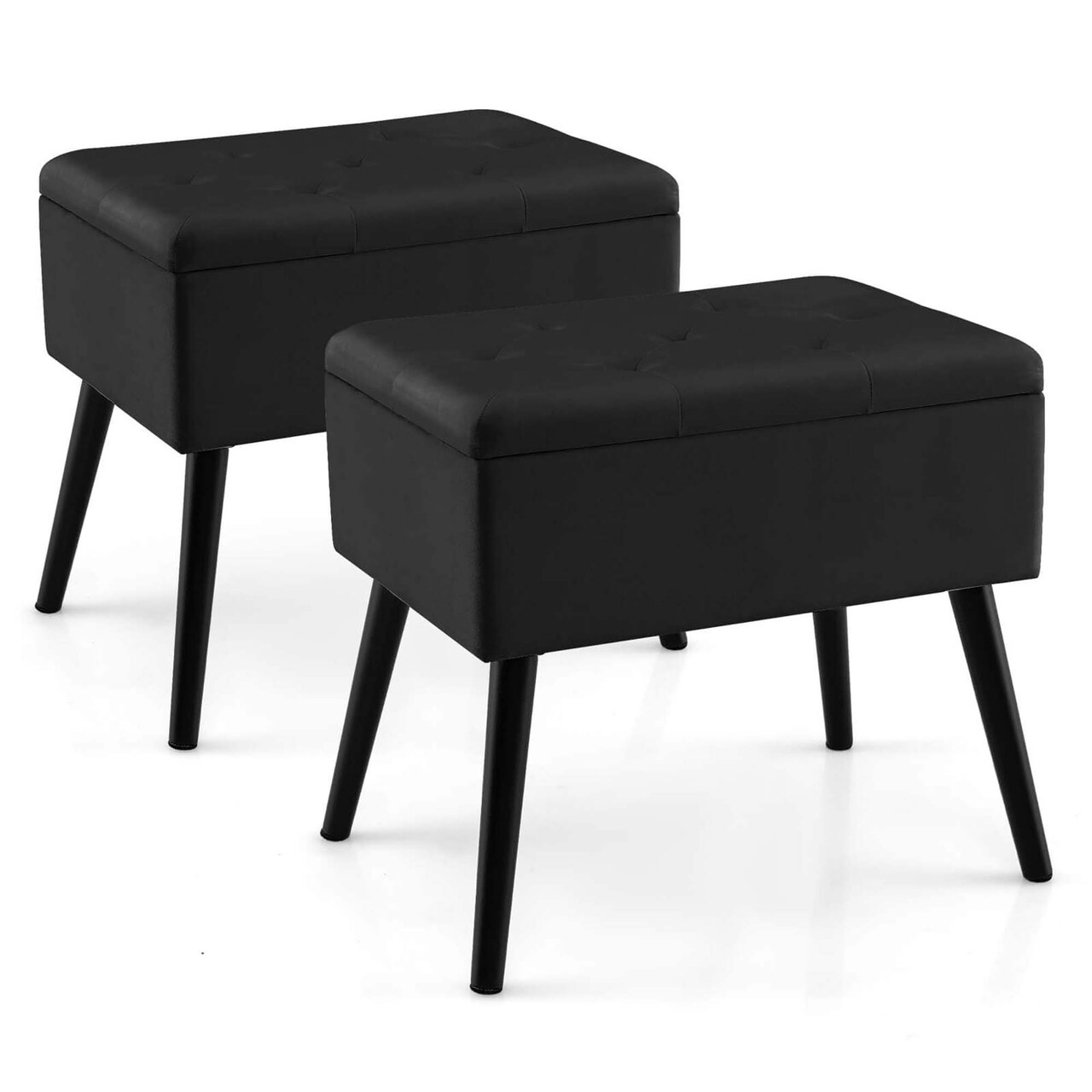 Costway 2 PCS Velvet Vanity Stools with Storage Solid Wood Legs Flip-Up Top for Entryway Black/Beige/Gray